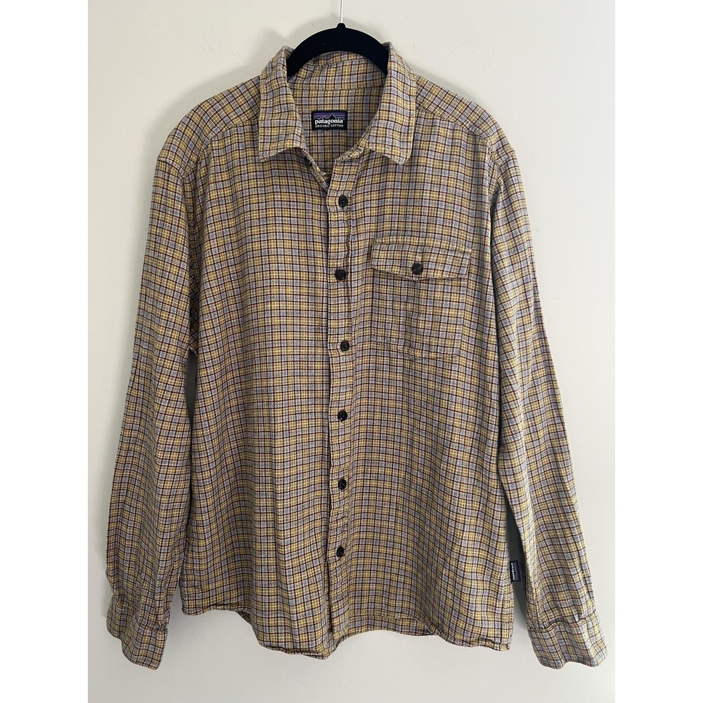 Patagonia Shirt Mens Large Yellow Plaid Organic Cotton Flannel Button Up Casual